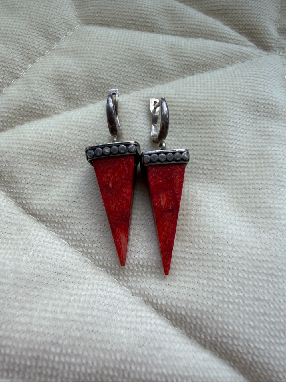 Handcrafted Red Coral Spike Drop Earrings - Jewelry Real Silver Stamped 925 - Picture 3 of 4